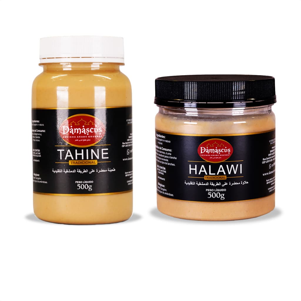Kit Tahine e Halawi  500g Pasta e Doce de Gergelim Damascus Cozinha Árabe Gourmet