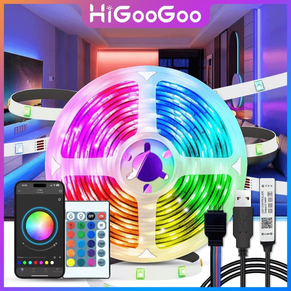 HiGooGoo 10/20/30/40M Fita LED De Luz APP Inteligente Controle Remoto RGB  Para Quarto Sala TV Fundo Carnaval Natal