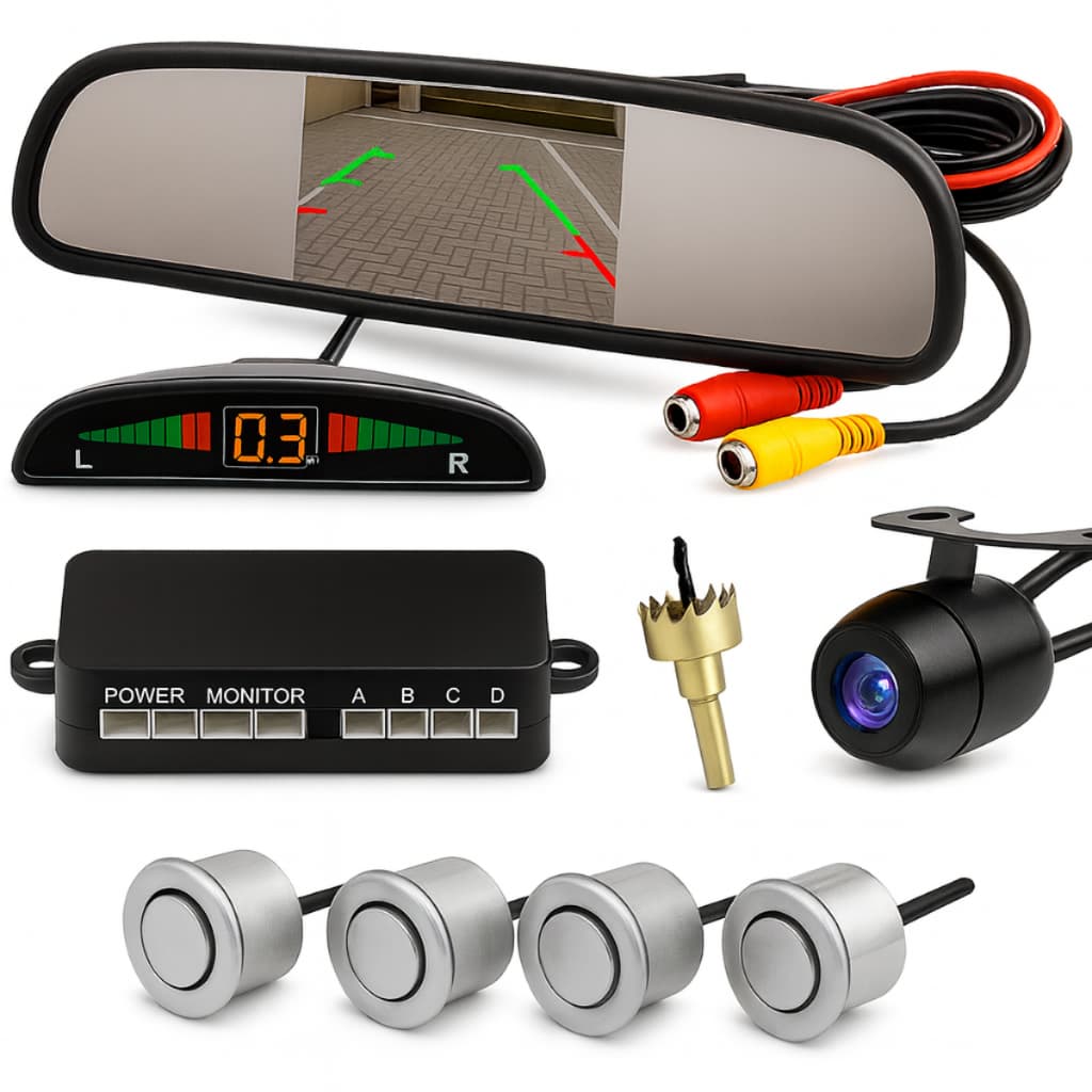 Kit Retrovisor Câmera de Ré Sensor Estacionamento Estacionar Carro Automotivo Prata Cinza 18mm