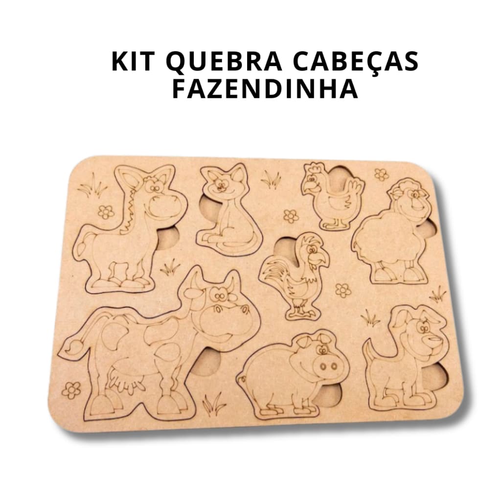 Kit Quebra Cabeças Tabuleiro Fazendinha 30x21cm em MDF Cru Educativo Diversão