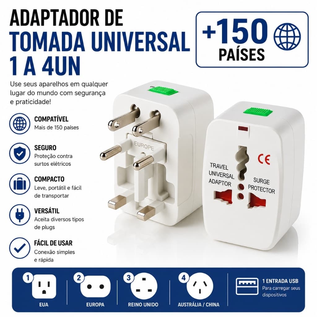 Adaptador Tomada 1 a 4un Universal Padrão Internacional e USB 150 Países Viagem Bivolt