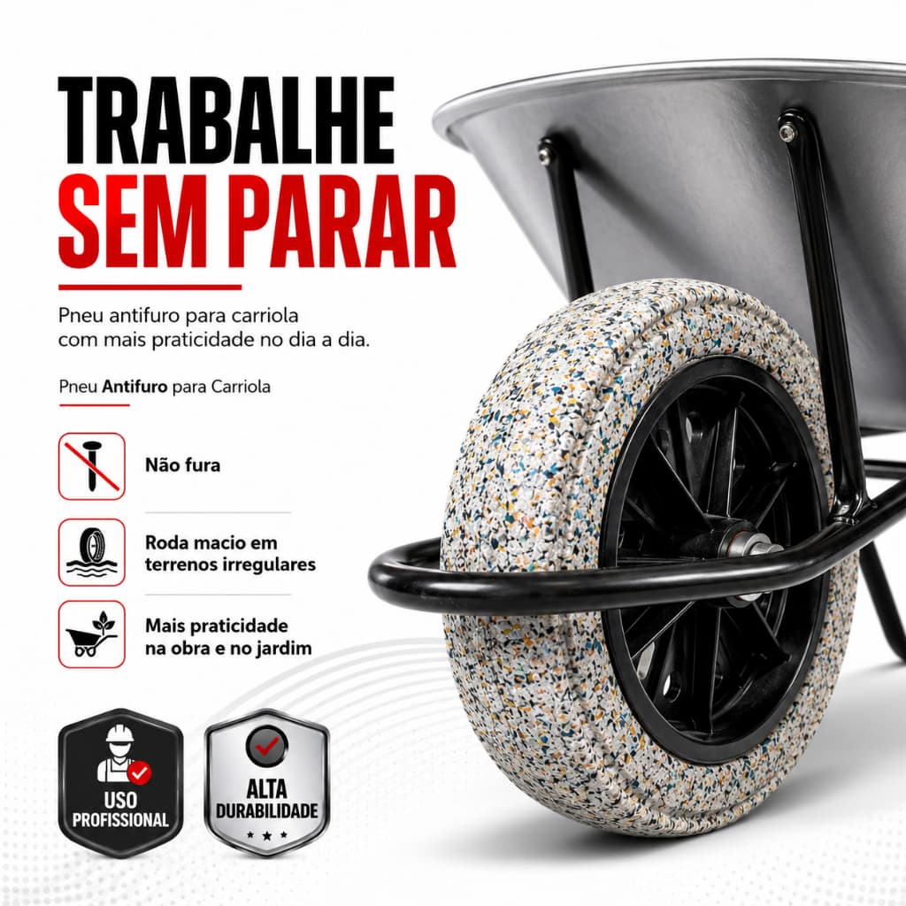Pneu com Roda para Carrinho de Mão e Carriola Aro 8 Reforçado | Furo 19mm e 26mm