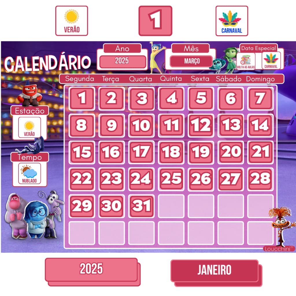 Calendário Infantil Magnético  Tema Divertidamente – Rotina Mensal, Datas e Organização