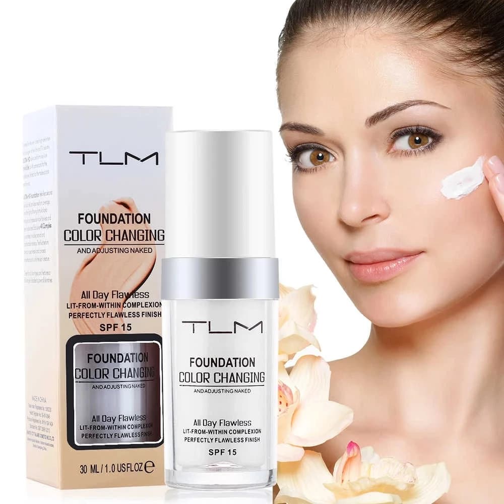 Base corretiva de tom de pele com mudança de temperatura TLM30ml Creme à prova d'água Base de cobertura completa.