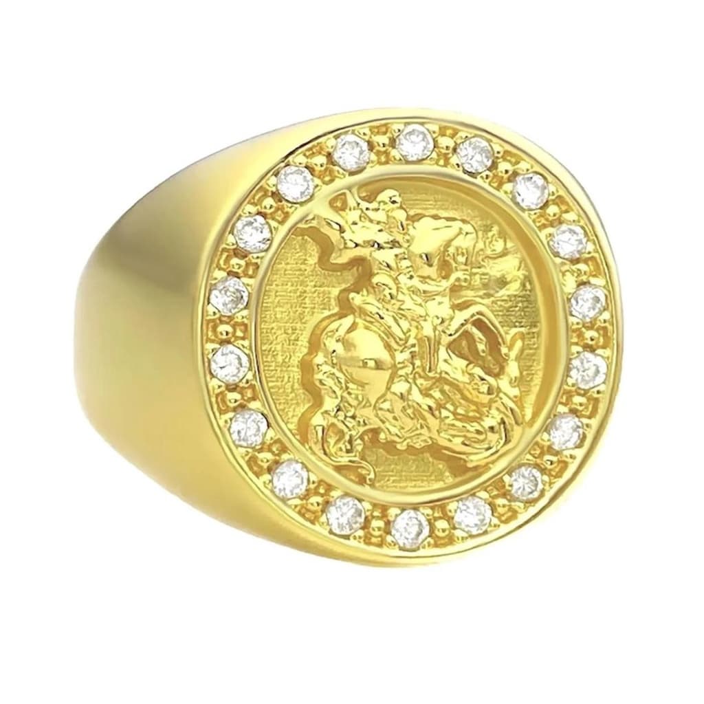 Anel De Ouro Masculino Dedeira São Jorge Cravejado Banhado