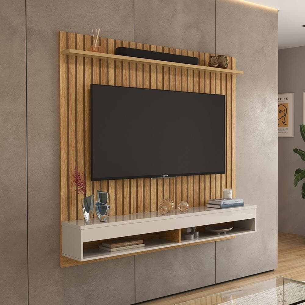 Rack Painel Mdp 15mm Lukaliam Móveis Para Tv até  55 60 65 70 Polegadas Frisado Detroit Com Nicho