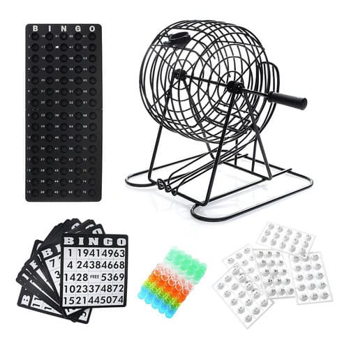 Kit Jogo De Bingo Completo Com Globo De Metal 75 Bolas Cartelas Reutilizáveis E Tabuleiro Organizacional