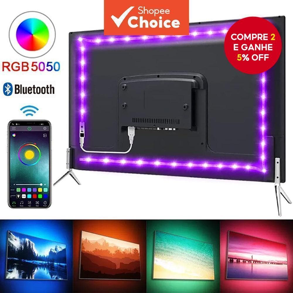  Fita de LED RGB 5050 com Controle Bluetooth, Aplicativo, Luz de Fundo para TV, Fita Flexível, USB 5V, Luz LED para