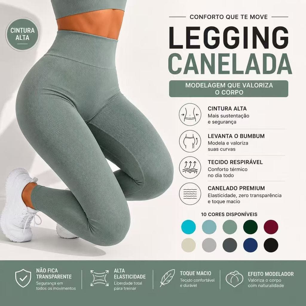 Calça Legging Canelada de Cintura Alta Sem Costura para Academia Feminina, Elástica e Fitness