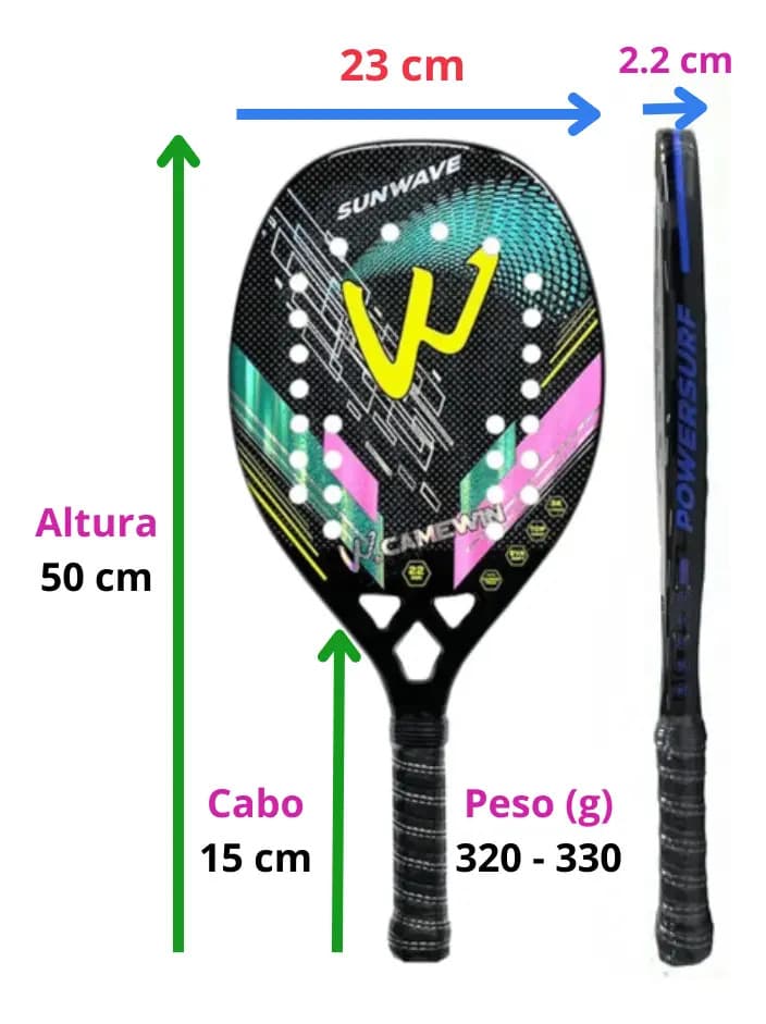 Raquete de Beach Tennis Camewin de Fibra de Carbono 3k Sunwave 2023 Profissional