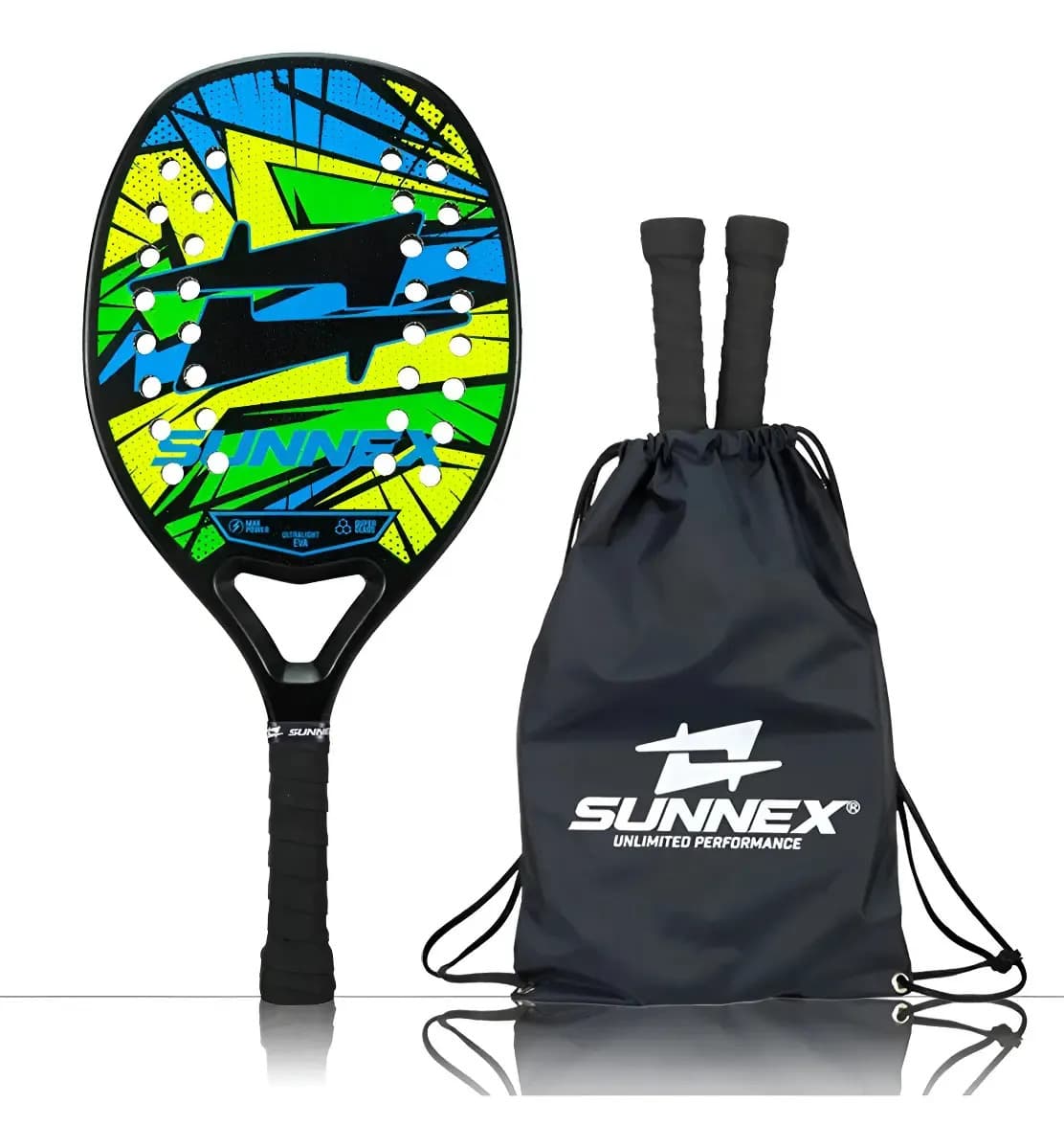 Raquete Beach Tennis Sunnex Thunder Reforçado Com Carbono 3k Cor amarelo e verde