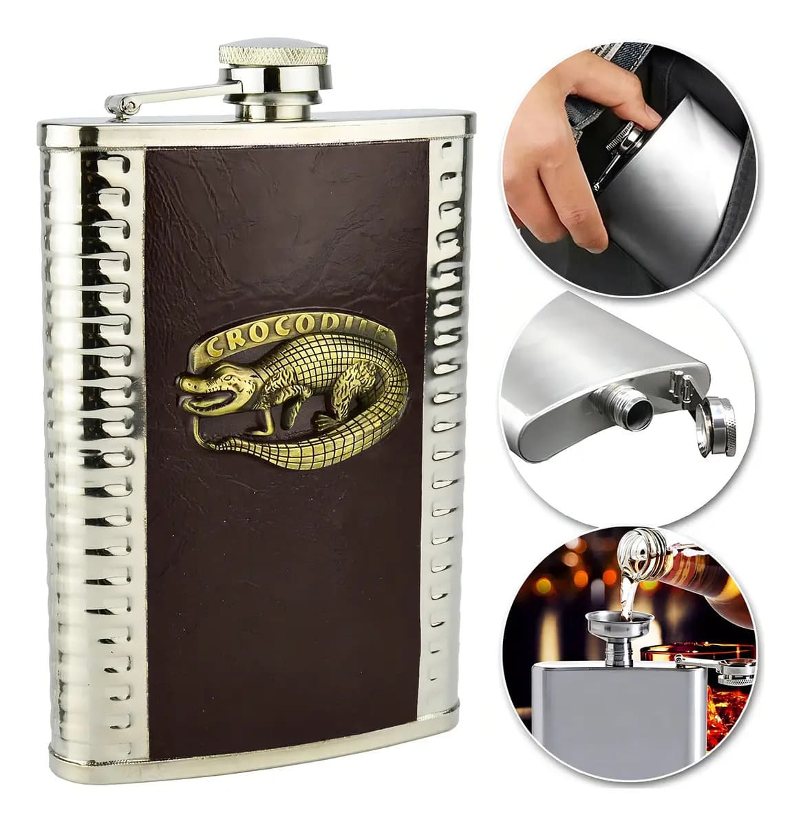 Cantil De Bolso Inox Porta Bebida Whisky Vodka Licor Portáti Cor Marrom Escuro Cantil revestido em couro ecológico