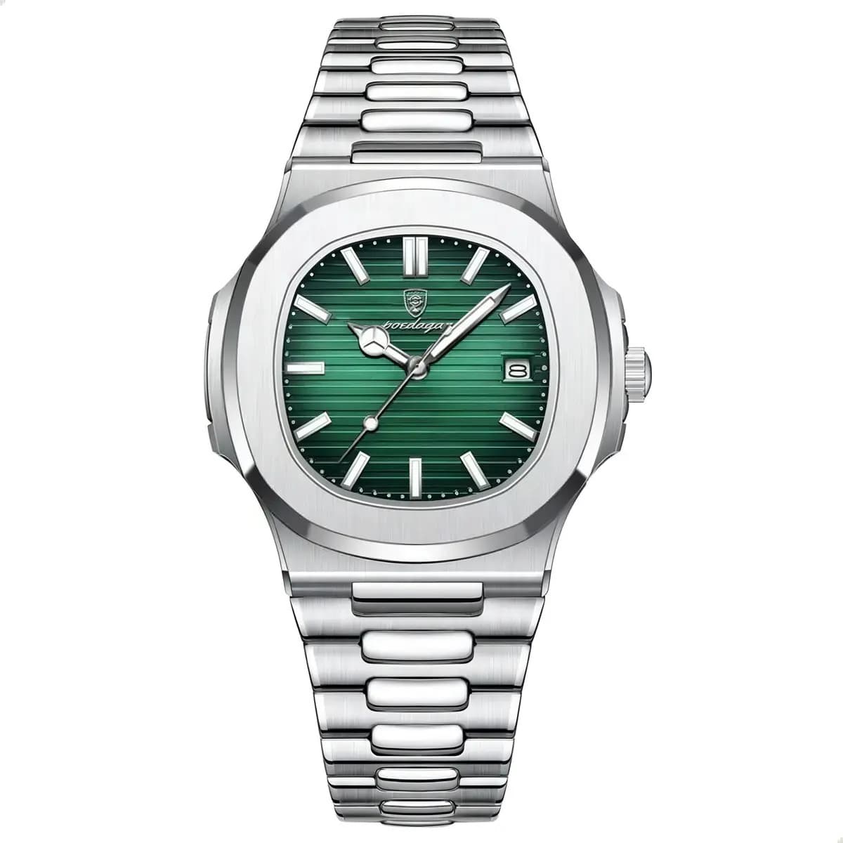 Relógio De Pulso Poedagar Prateado Elegante Cores Fundo Verde