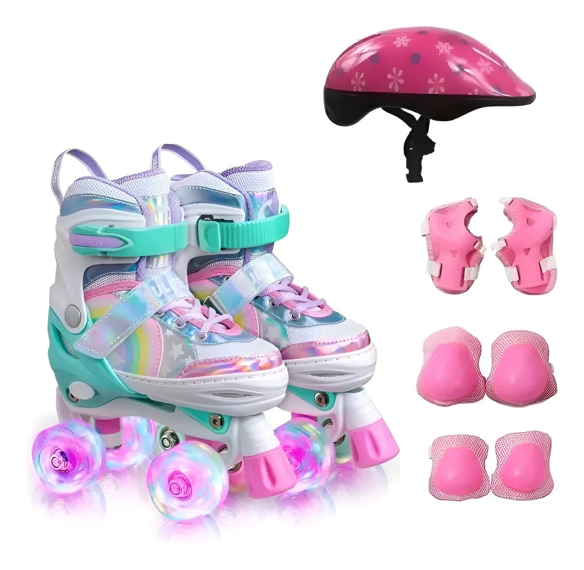 Patins Quad Ajustável Infantil Rosa G 36-38 com Kit de Proteção e Rodas de LED