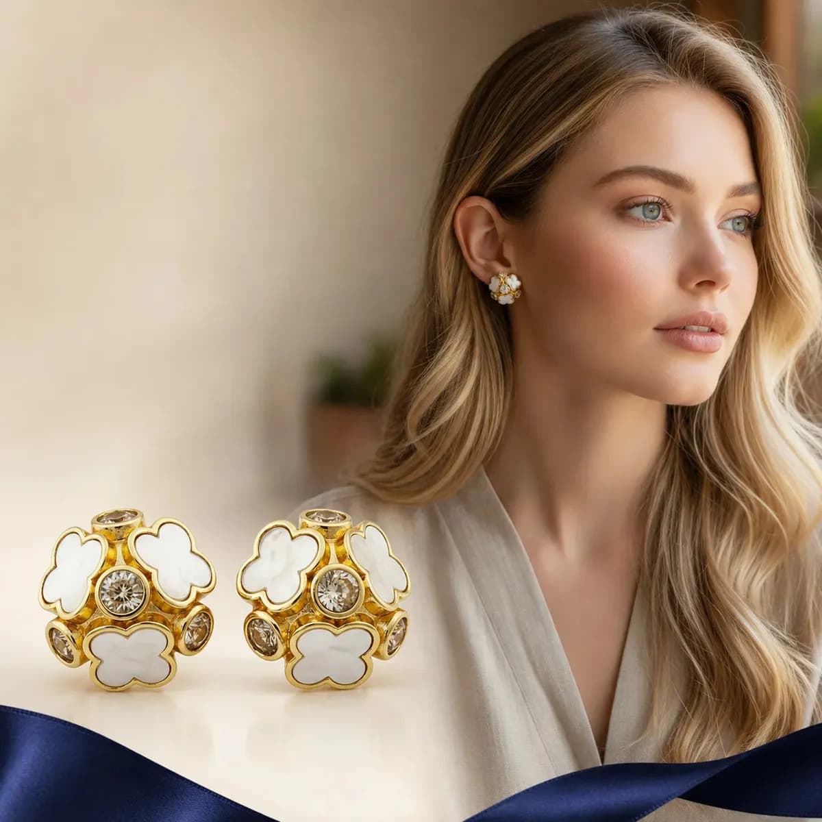 Brinco Esfera Flor E Zircônias Cor do brinco Dourado e Branco