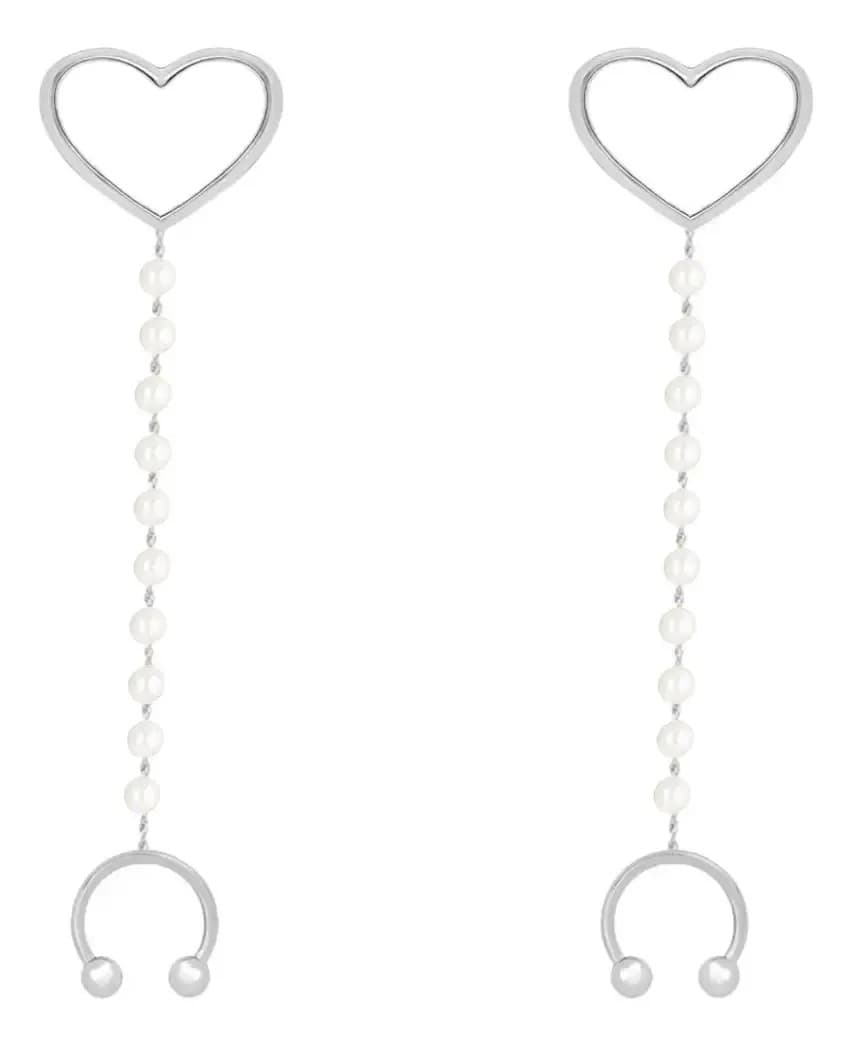 Brinco Coração Corrente De Pérolas Com Piercing Cor del brinco Prata