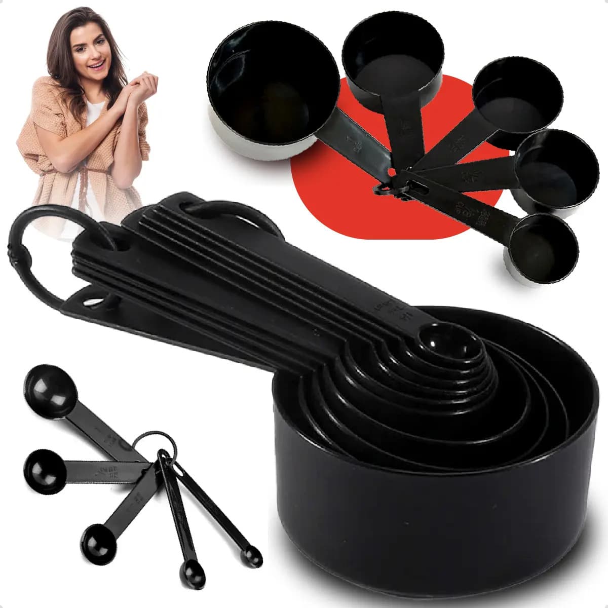 Kit 10 Medidores Ecomixshop Xícaras e Colheres Plástico Preto