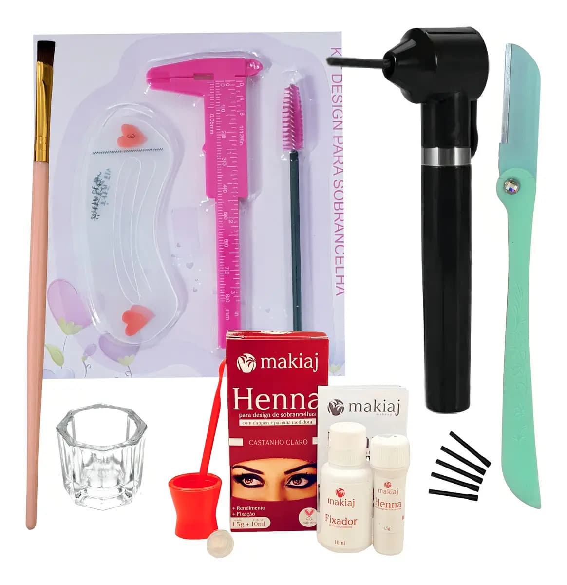 Kit Para Design Sobrancelha Henna Makiaj Navalha Pincel Mixe Cor Castanho Claro